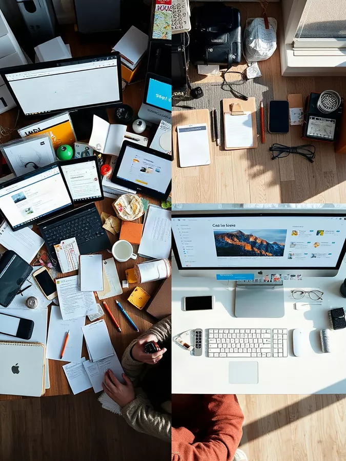 Abstract interface showing scattered tools becoming an ordered client workspace