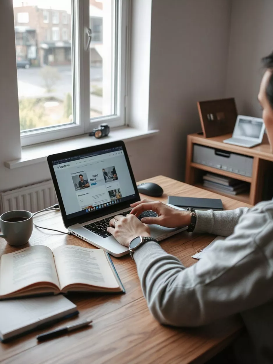 A person working on a laptop, focused on website optimization, with graphic elements representing growth and conversion