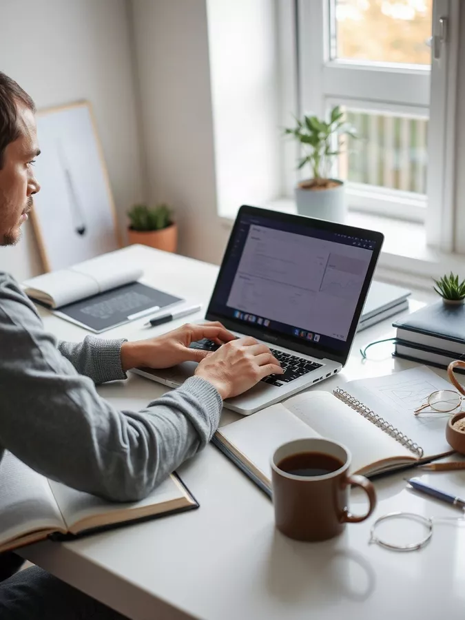 Entrepreneur actively working on a laptop, optimizing website content to attract more customers